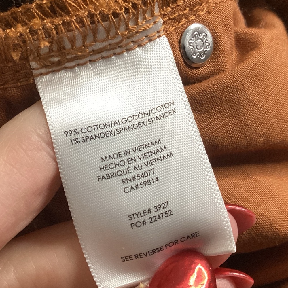 cabi Velveteen Corduroy Carmel Brown Button fly Pants 8 - Picture 8 of 8